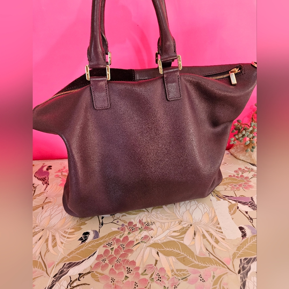 Tory Burch 'Natalie' Satchel Leather & Suede Purple Tote Large - Picture 6 of 8